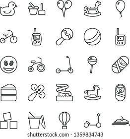 thin line vector icon set - beanbag vector, baby rattle, duckling, bath ball, roly poly doll, tumbler, toy phone, mobile, sand set, children's, rocking horse, small, cubes for children, balloon