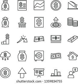 thin line vector icon set - upward direction vector, line chart, strongbox, coins, recession, a crisis, dollar, article on the, financial item, money, dollars, cash, report, gold bar, rain, coin