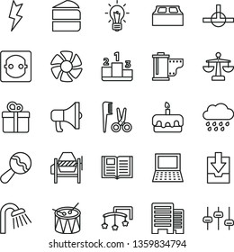 thin line vector icon set - camera roll vector, download archive data, scales, toys over the cot, beanbag, accessories for a hairstyle, rainy cloud, drum, concrete mixer, shower, buildings, book
