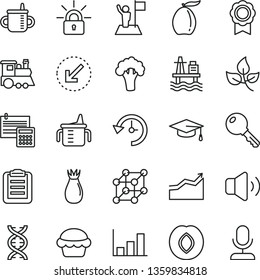 thin line vector icon set - mug for feeding vector, measuring cup, children's train, calculation, left bottom arrow, key, volume, cake, plum, rose hip, loquat, broccoli, sea port, leaves, history