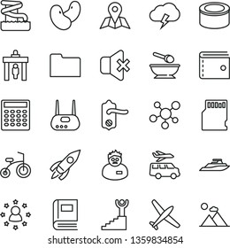 thin line vector icon set - purse vector, deep plate with a spoon, child bicycle, door knob, map, storm cloud, no sound, canned goods, beans, rocket, router, folder, sd card, molecule, book, plane