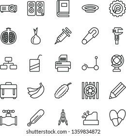 thin line vector icon set - safety pin vector, mercury thermometer, e, Kick scooter, star gear, globe, case, flowchart, plate, half pomegranate, bananas, onion, cucumber, valve, Measuring compasses