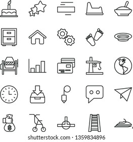thin line vector icon set - minus vector, bedside table, sitting stroller, potty chair, children's tracks, cake, house, concrete mixer, stepladder, plummet, put in a box, cards, plate, planet Earth