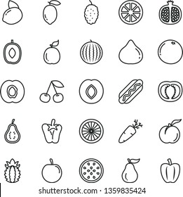 thin line vector icon set - Hot Dog vector, peper, carrot, cherry, ripe peach, half apricot, pomegranate, plum, fig, mulberry, water melon, delicious, tasty, lemon, yellow, juicy, of passion fruit