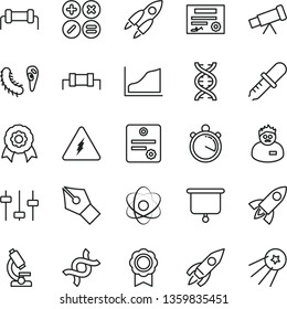 thin line vector icon set - math actions vector, rocket, microscope, telescope, electricity, atom, dna, settings, bactery, pipette, scientist, growth graph, medal, presentation board, stopwatch