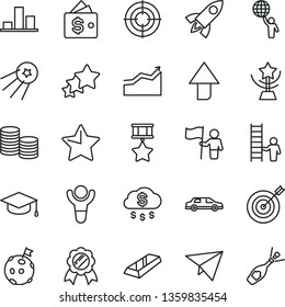 thin line vector icon set - upward direction vector, star, square academic hat, coins, chart, winner, cup, man hold world, arrow graph, flag on moon, target, medal, hero, with ladder, gold bar, aim