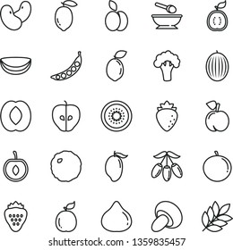 thin line vector icon set - deep plate with a spoon vector, porcini, cabbage, strawberry, apple, peach, tasty, raspberry, fig, melon, mango, goji berry, half, tangerine, cherry, lemon, of kiwi, peas
