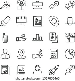 thin line vector icon set - growth up vector, billboard with illumination, geolocation, portfolio, woman, rocket, chart, a crisis, text highlighter, hierarchical scheme, article on the dollar, gift