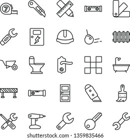 thin line vector icon set - repair key vector, building trolley, small tools, drill, long meashuring tape, color samples, wooden paint brush, comfortable toilet, bath, door knob, interroom, tile