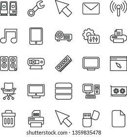 thin line vector icon set - screen vector, computer, tablet pc, memory, gpu card, monitor, web camera, printer, usb flash, speaker, browser, trash bin, wireless, projector, note, chair, big data