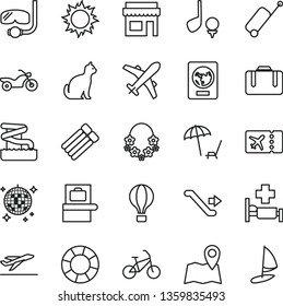 thin line vector icon set - air balloon vector, bike, motorcycle, escalator, suitcase, baggage scanner, passport, plane ticket, rolling case, departure, arnchair under umbrella, sun, hawaii wreath