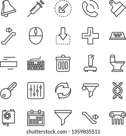 thin line vector icon set - bell vector, calendar, keyboard, renewal, plus, minus, comfortable toilet, putty knife, dust bin, left bottom arrow, regulator, phone call, move down, filter, water, dna