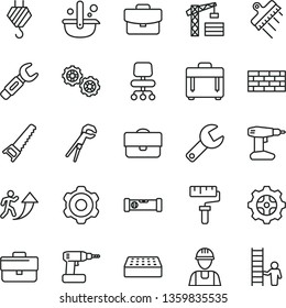 thin line vector icon set - paint roller vector, repair key, briefcase, tower crane, builder, brickwork, hook, gears, cogwheel, adjustable wrench, cordless drill, hand saw, construction level, brick