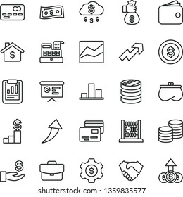 thin line vector icon set - growth up vector, line chart, abacus, suitcase, cards, coins, front of the bank card, column, statistical report, get a wage, hand shake, wallet, purse, cash machine