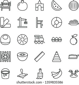 thin line vector icon set - yardstick vector, baby bib, stacking toy, a chair for feeding, train, small yule, box of bricks, concrete mixer, paint bucket, color samples, wooden brush, bundle eggs