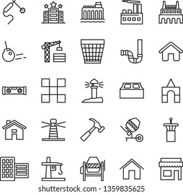thin line vector icon set - house vector, wicker pot, box of bricks, tower crane, concrete mixer, siphon, building level, city block, tile, hammer with claw, core, home, hydroelectricity, industrial