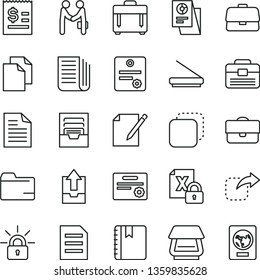 thin line vector icon set - clean paper vector, scribbled, folder, archive, upload data, portfolio, notebook, case, notes, copy, move right, briefcase, article on the dollar, statistical research