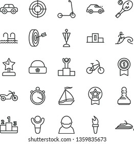 thin line vector icon set - motor vehicle vector, child Kick scooter, warm hat, pedestal, racer, retro car, stopwatch, flame torch, winner, podium, pawn, star reward, pennant, purpose, medal with