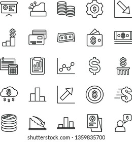thin line vector icon set - dollar vector, bar chart, graph, growth, negative, calculation, cards, coins, column of, recession, statistical report, denomination the, cash, research, cashbox, coin