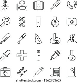 thin line vector icon set - first aid kit vector, plus, electronic thermometer e, mercury, bag of a paramedic, medical, temperature, garlic, round flask, research article, test tube, dna, bactery