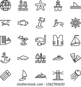thin line vector icon set - anchor vector, small fish, sea port, commercial seaport, lighthouse, planet, sand castle, sail boat, hotel, beach, palm tree, starfish, flippers, diving mask, surfing