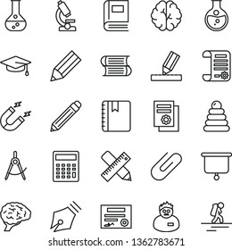 thin line vector icon set - graphite pencil vector, calculator, stacking rings, books, writing accessories, drawing, notebook, clip, round flask, magnet, scribed compasses, research article, brain