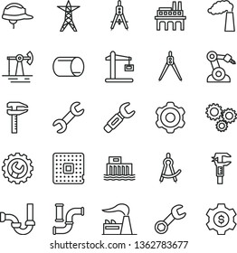 thin line vector icon set - cogwheel vector, sewerage, helmet, gear, working oil derrick, water pipes, manufacture, factory, hydroelectric station, power line, industrial enterprise, processor, pipe