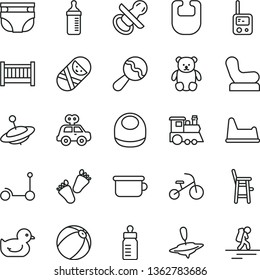 thin line vector icon set - baby cot vector, nipple, feeding bottle, measuring for, nappy, bib, beanbag, chair, duckling, bath ball, motor vehicle present, tumbler, toy phone, children's potty, yule