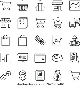 thin line vector icon set - paper bag vector, grocery basket, purse, growth up, line chart, graph, negative histogram, put in cart, crossed, with handles, coins, piece of meat, kiosk, shopping