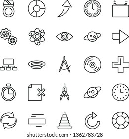 thin line vector icon set - clock face vector, right direction, renewal, plus, minus, clockwise, stacking toy, eye, timer, CD, delete page, plate, accumulator, gears, scribed compasses, Measuring