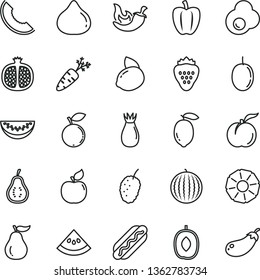 thin line vector icon set - Hot Dog vector, chili, fried egg, strawberry, ripe peach, half pomegranate, apricot, rose hip, fig, blueberry, tasty mulberry, water melon, slice of, delicious plum, part
