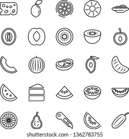 thin line vector icon set - stationery knife vector, piece of cheese, slices onion, cake, bacon, orange slice, water melon, half mango, peach, tangerine, cherry, kiwi, sour lime, lemon, pineapple