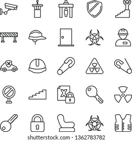 thin line vector icon set - prohibition vector, Baby chair, safety pin, open, workman, key, ntrance door, construction helmet, road fence, lock, autopilot, encrypting, nuclear, biohazard, stairway