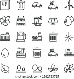 thin line vector icon set - dust bin vector, drop, bag with handles, solar panel, working oil derrick, leaves, leaf, gas station, windmill, hydroelectric, hydroelectricity, trees, forest, factory