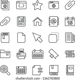 thin line vector icon set - clip vector, add bookmark, zoom, folder, book, e, books, home, calendar, star, address, delete page, copy, statistical report, scientific publication, wall, newspaper