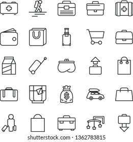 thin line vector icon set - briefcase vector, paper bag, toys over the cot, of a paramedic, medical, portfolio, suitcase, with handles, package, glass tea, cart, wallet, purse, dollars, hand, case