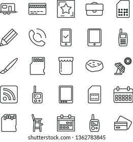 thin line vector icon set - tassel vector, calendar, bank card, rss feed, toy phone, mobile, a chair for feeding child, call, piece of meat, jam, big solar panel, SIM, portfolio, pencil, tablet pc