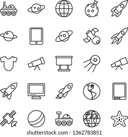 thin line vector icon set - monitor vector, t short, bath ball, earth, planet, billboard, rocket, space, tablet pc, telescope, satellite, saturn, lunar rover, flag on moon, first, starfish