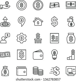 thin line vector icon set - purse vector, dollar, coins, denomination of the, article on, financial item, catch a coin, wallet, money, dollars, cash, bag hand, mortgage, pedestal, column, gear, idea