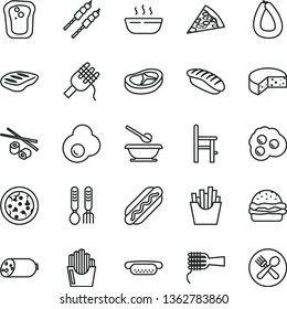 thin line vector icon set - plates and spoons vector, a chair for feeding, iron fork, sausage, stick of, cheese, pizza, piece, Hot Dog, mini, burger, spaghetti, noodles, porridge, bacon, chop, egg