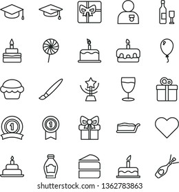 thin line vector icon set - tassel vector, balloon, cake, birthday, heart, gift, square academic hat, piece of, slice, torte, lollipop, glass, bottle, giftbox, star cup, man with medal, graduate