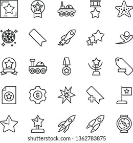 thin line vector icon set - add bookmark vector, remove label, star, space rocket, lunar rover, bang, cup, reward, flag, medal, hero, ribbon, certificate, dollar gear, three stars, flying man