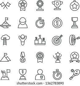 thin line vector icon set - stopwatch vector, pedestal, racer, winner, prize, award, cup, gold, star, man with medal, flag, motivation, mountain, target, purpose, first place, pennant, ribbon