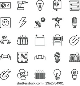 thin line vector icon set - lightning vector, matte light bulb, incandescent lamp, concrete mixer, cordless drill, saving, power socket type b, heating coil, radiator, fan screw, big solar panel