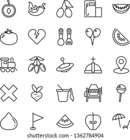 thin line vector icon set - cross vector, pennant, children's sand set, plastic fork spoons, baby toy train, yule, colored air balloons, concrete mixer, broken heart, tomato, chili, Chupa Chups, fig