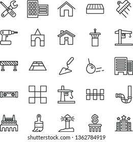 thin line vector icon set - house vector, box of bricks, crane, building trowel, small tools, cordless drill, wooden paint brush, siphon, level, buildings, city block, tile, ceramic tiles, brick