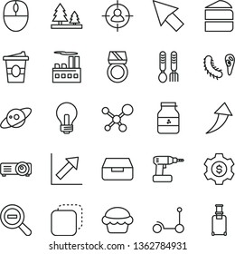 thin line vector icon set - incandescent lamp vector, zoom out, growth chart, iron fork spoons, Kick scooter, cordless drill, drawer, copy, cake, piece of, coffee to go, jar jam, forest, man in sight