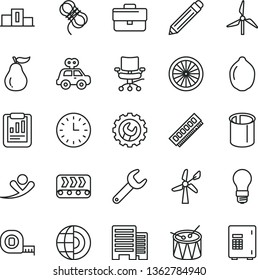 thin line vector icon set - briefcase vector, graphite pencil, motor vehicle present, drum, measuring tape, buildings, hawser, gear, lime, half of orange, ripe guava, windmill, wind energy, conveyor