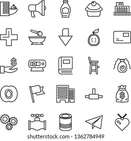 thin line vector icon set - downward direction vector, paper airplane, plus, deep plate with a spoon, chair for feeding child, buildings, flag, pass card, megaphone, tin, muffin, bottle, of guawa