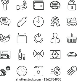 thin line vector icon set - grocery basket vector, purse, clockwise, dollar, wall clock, lock, pie, cucumber, chili, big solar panel, accumulator, canister of oil, woman, globe, get a wage, watch